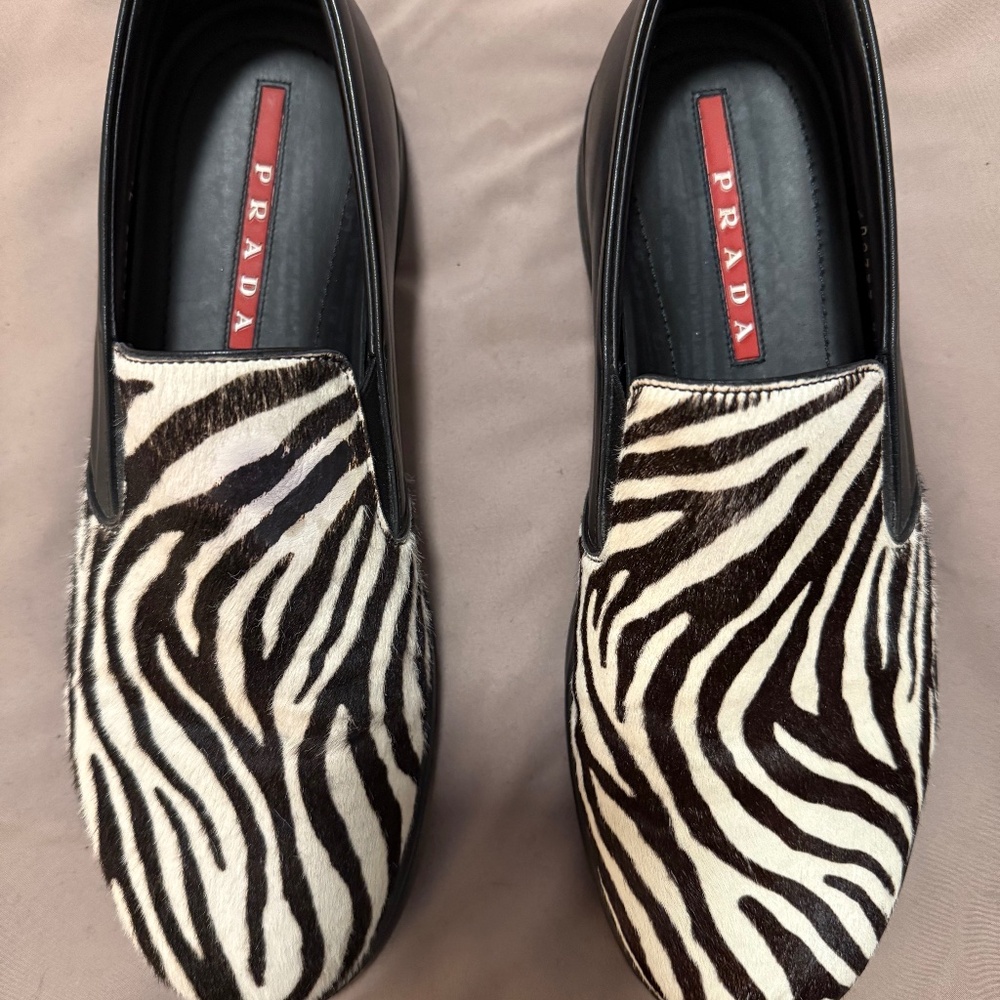 Men’s Prada zebra print flats, 9.5US